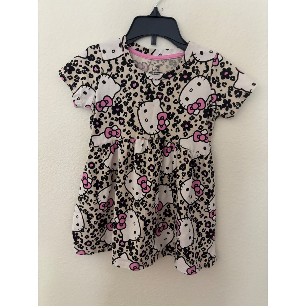 Hello Kitty Sanrio Girls Leopard Print Short Sleeve Dress Tan Pink 4T 
A1203